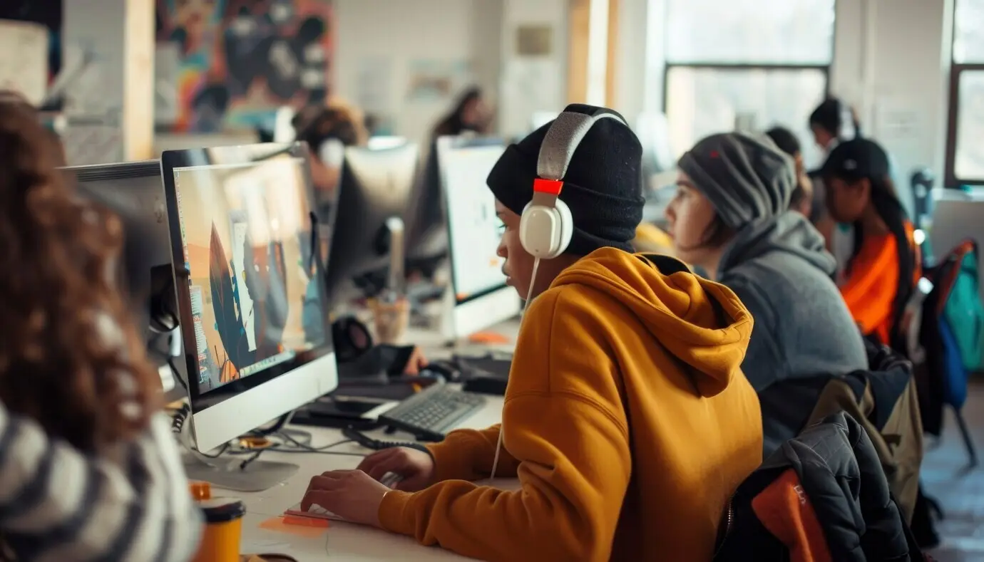 함께 활동하며 세계 청소년의 날을 기념하는 10대 초반 청소년들의 모임